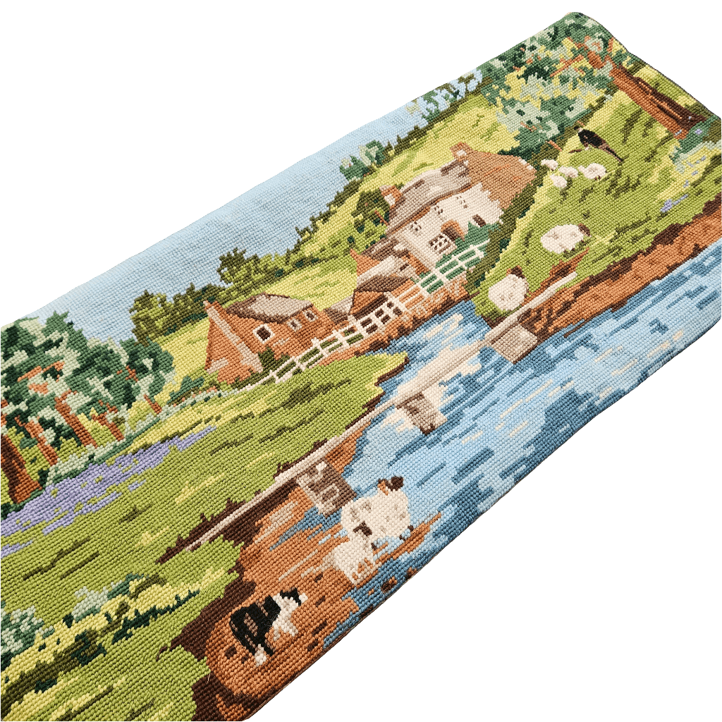 Large Vintage Needlepoint Cushion Cover Country Scene Tapestry Pillow Slip