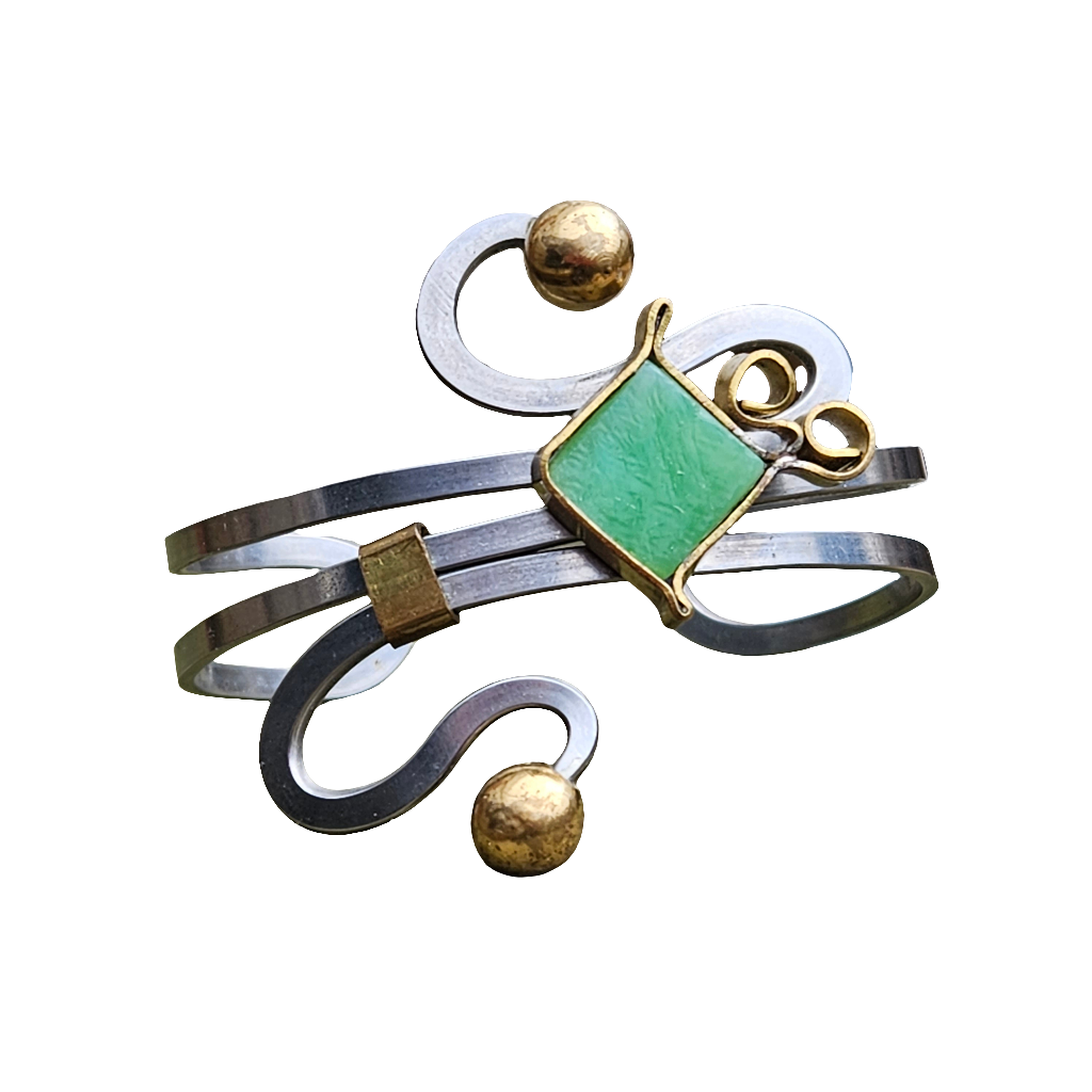Vintage Brass And Steel Bangle Square Green Glass Boho Bracelet Jewellery