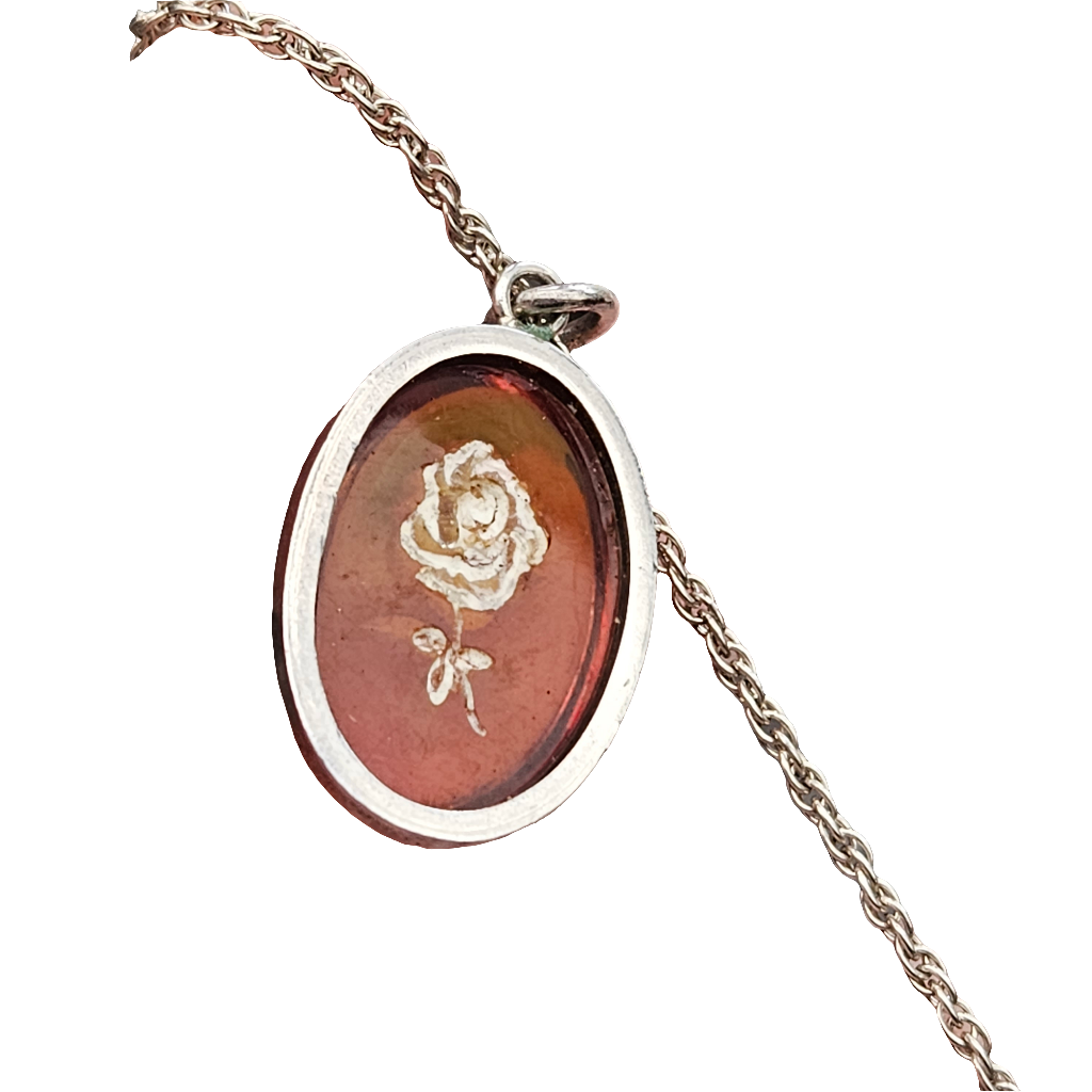 Sterling Silver Amber Rose Necklace Reverse Carved Pendant