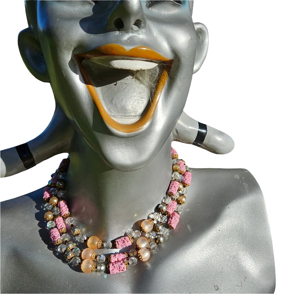 Moonglow Miriam Haskell Art Glass Triple Strand Glass Necklace Vintage Jewellery