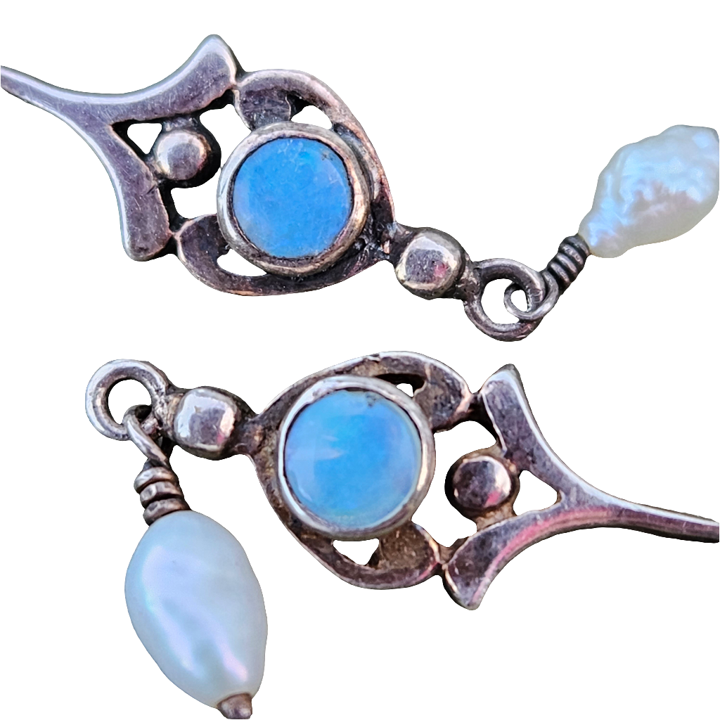 Beautiful Opal And Pearl Earrings Dangle Drop Sterling Silver Vintage Jewellery