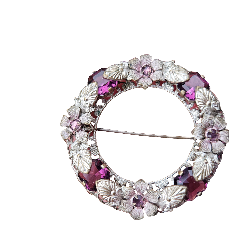 Silver Openwork Wreath Brooch Vintage Flower Pin Purple Lilac Rhinestone