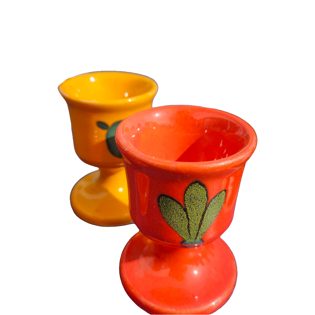 Pair 2 Orange Egg Cups Vintage Kitsch Studio Pottery Breakfast Set Green Glaze