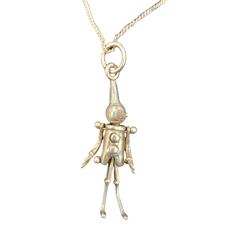 Sterling Silver Articulated Clown Pendant Pinocchio Vintage Necklace