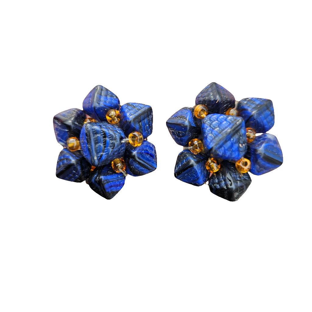Pressed Glass Clip On Earrings Royal Blue Amber Glass 40s 50s Jewellery