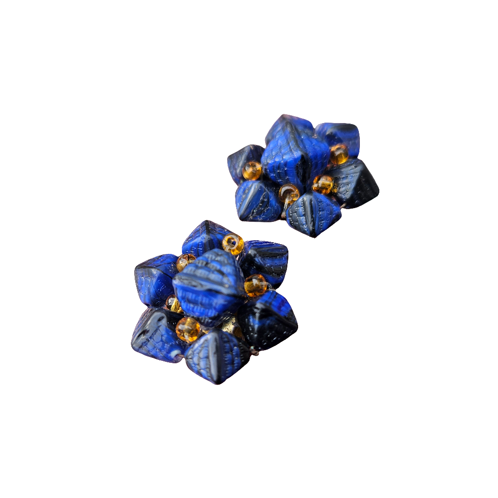 Pressed Glass Clip On Earrings Royal Blue Amber Glass 40s 50s Jewellery