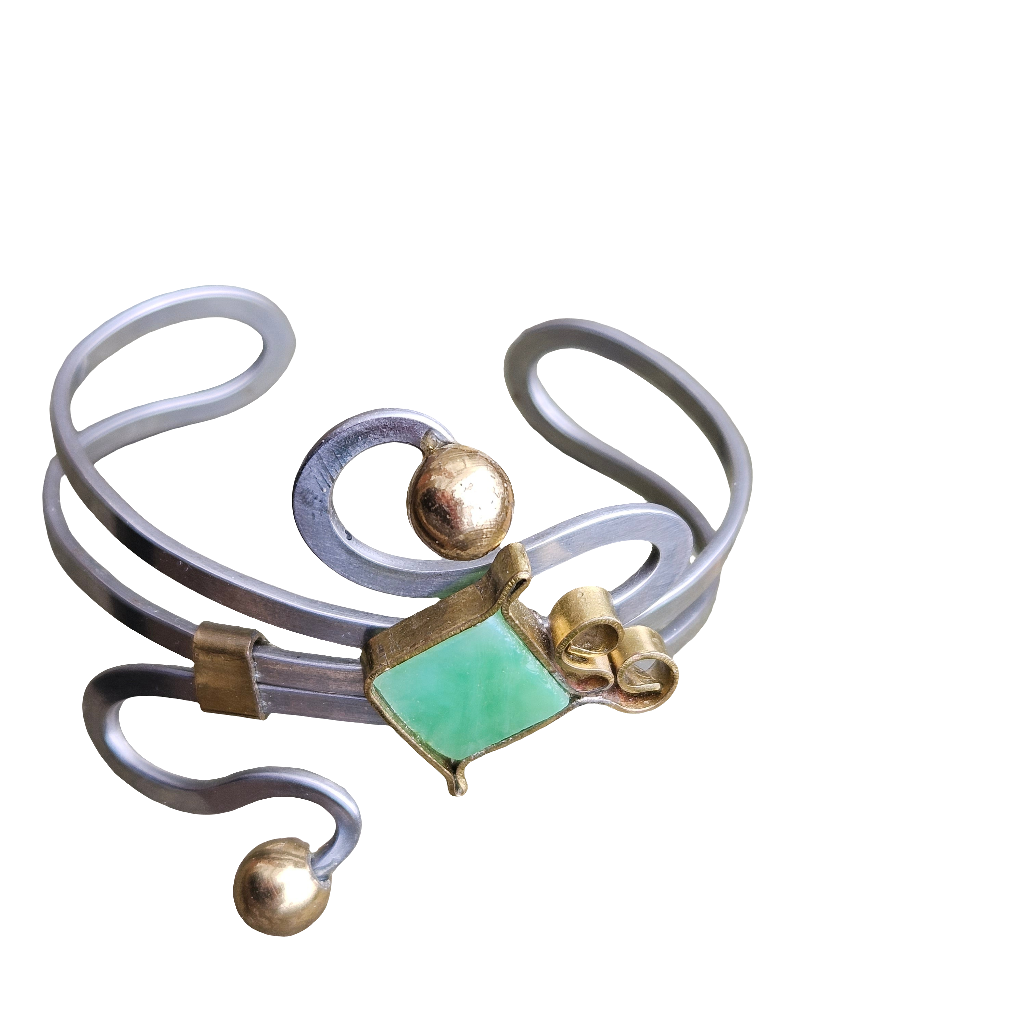 Vintage Brass And Steel Bangle Square Green Glass Boho Bracelet Jewellery