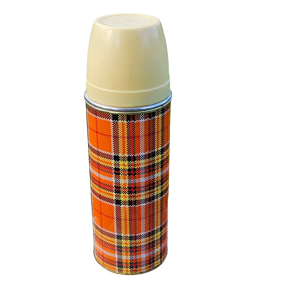 Vintage Metal Thermos Flask Orange Plaid Tartan 60s 70s Ching Kiang Brand