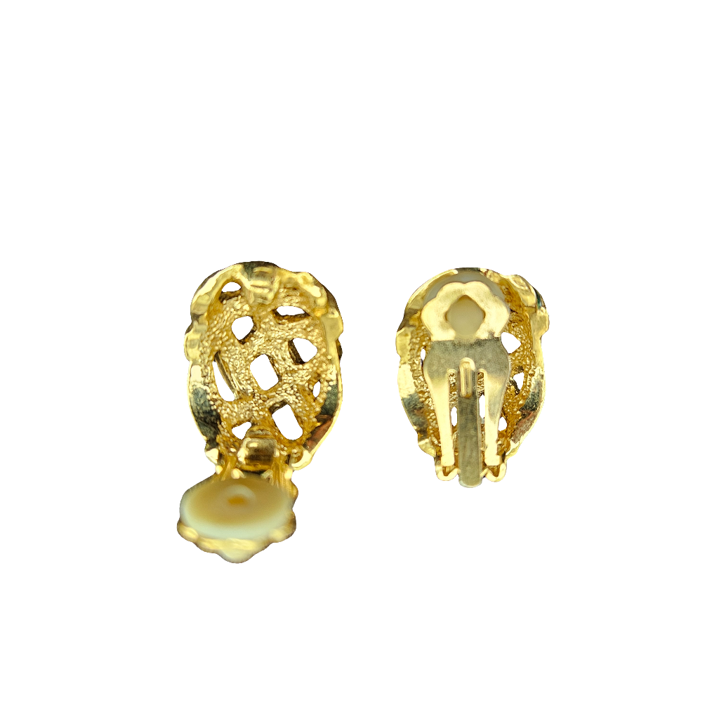 Vintage Enamel Clip On Earrings Lattice Blue Green Gold Jewellery 80s