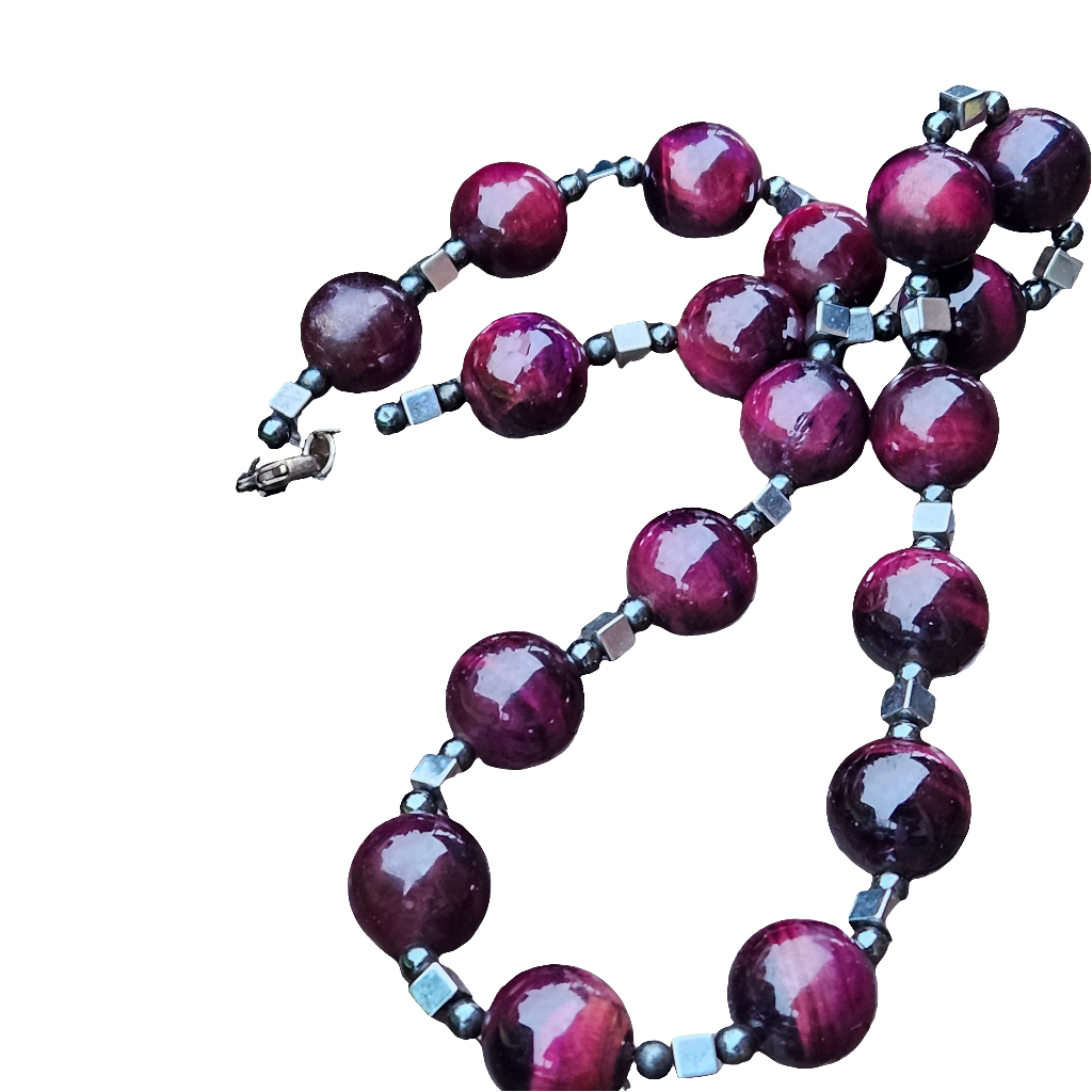 Handmade Purple Tigers Eye Hematite Silver Necklace 925