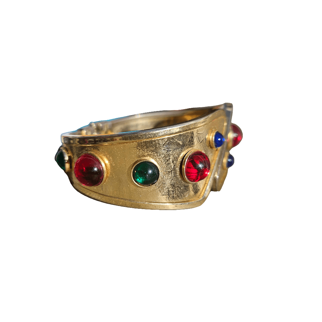 Vintage 80s Glam Hinged Clamper Bangle Red Green Blue Gems Bracelet
