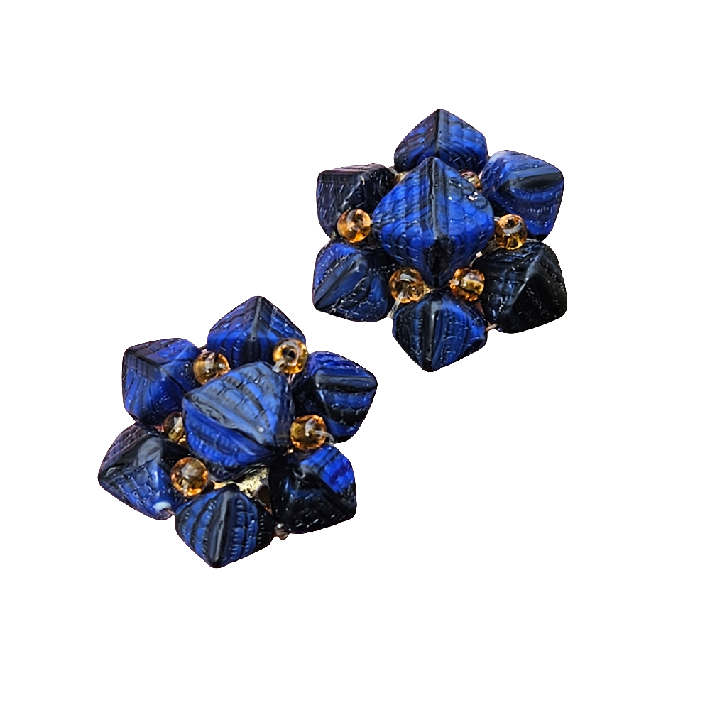 Pressed Glass Clip On Earrings Royal Blue Amber Glass 40s 50s Jewellery