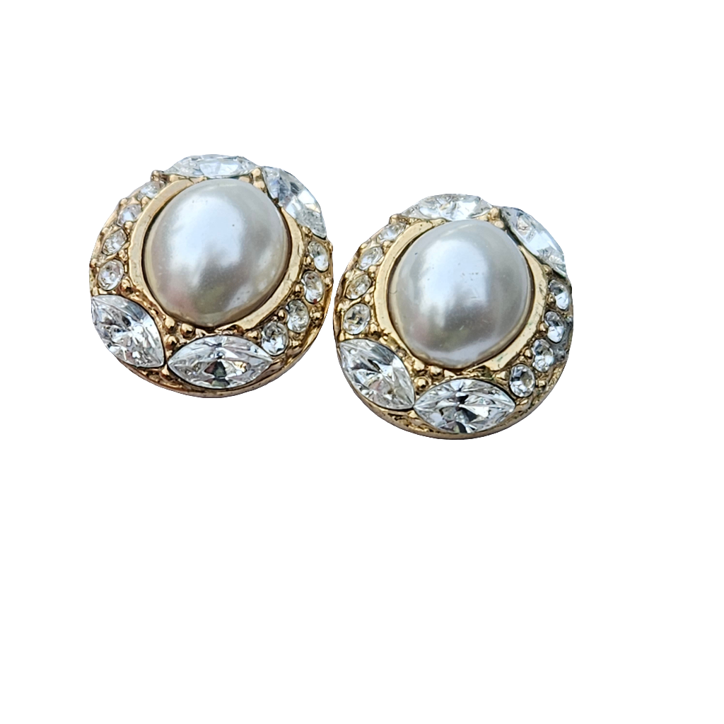 Beautuful Vintage Clip-on Earrings Faux Pearl Diamante Gold Plated 90s Jewellery