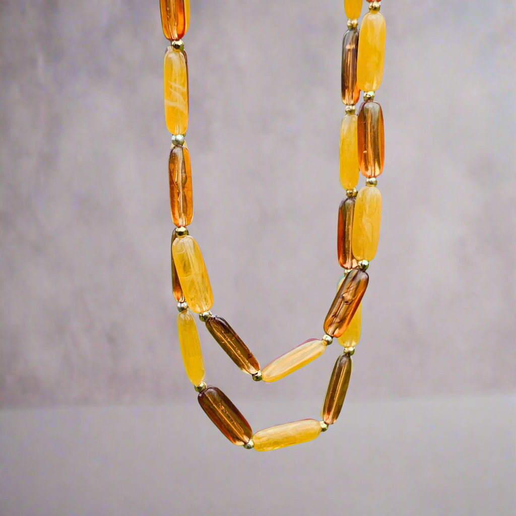 2 Tone Faux Amber Resin Beads Long Vintage Necklace