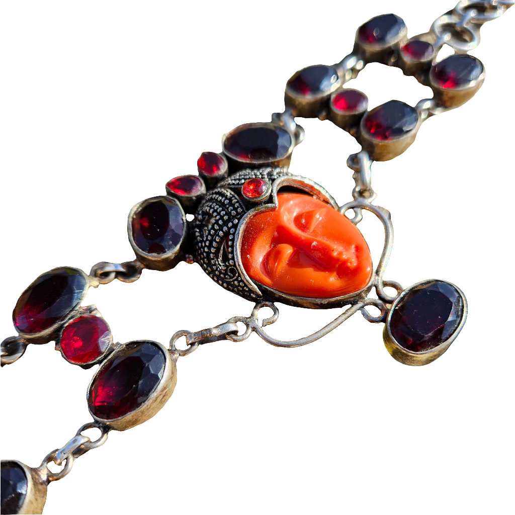 Vintage Sanjen Silver 925 Goddess Face Bracelet Ruby Glass Gem Jewellery