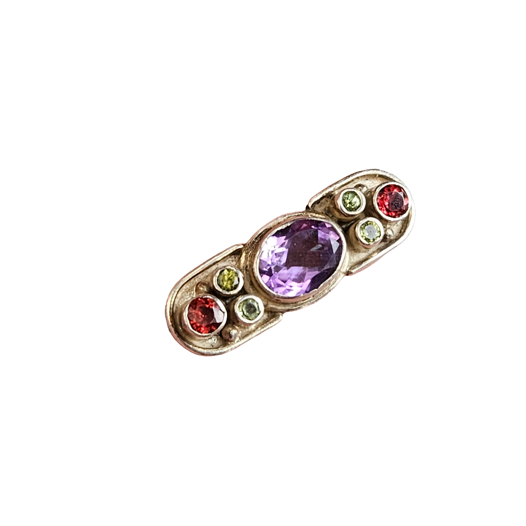 Sterling Silver Radiant Garden Gemstone Brooch Peridot Garnet Amethyst Pin