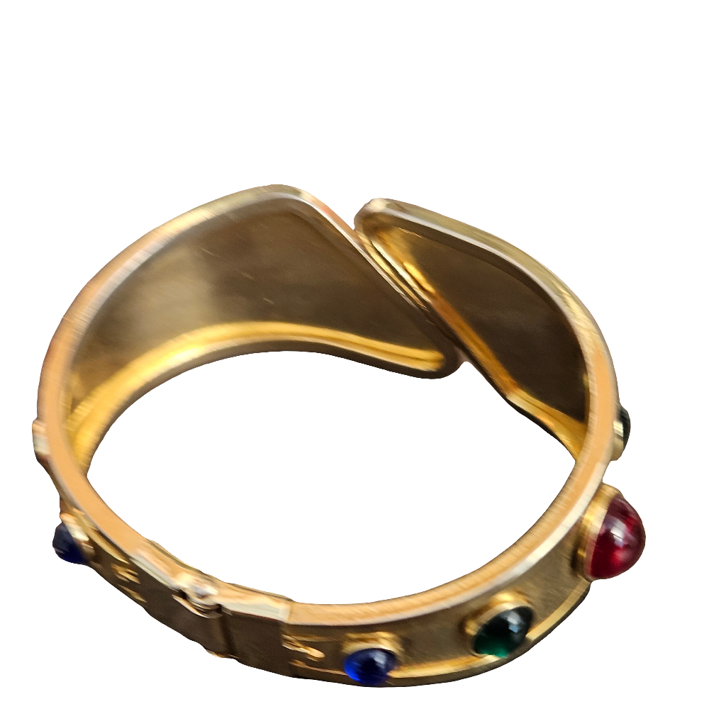 Vintage 80s Glam Hinged Clamper Bangle Red Green Blue Gems Bracelet