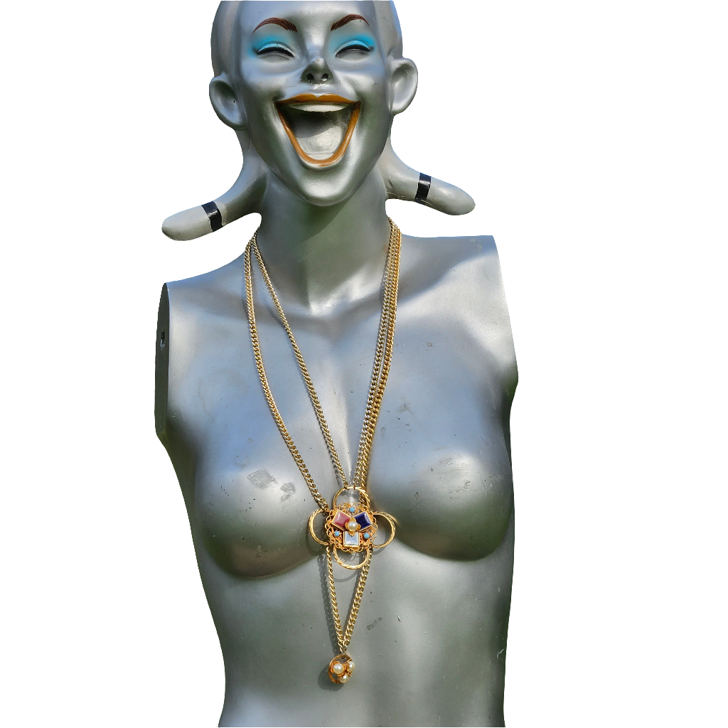 Long Gold Plated Necklace Ceramic Tile Vintage 80s Designer Jewellery Jewelry