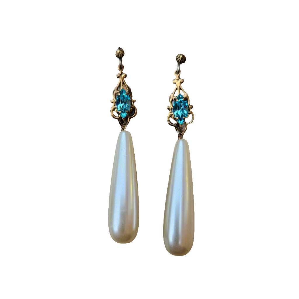 Vintage Aqua Crystal Pearl Dangle Earrings Gold Silver Tone Stunning