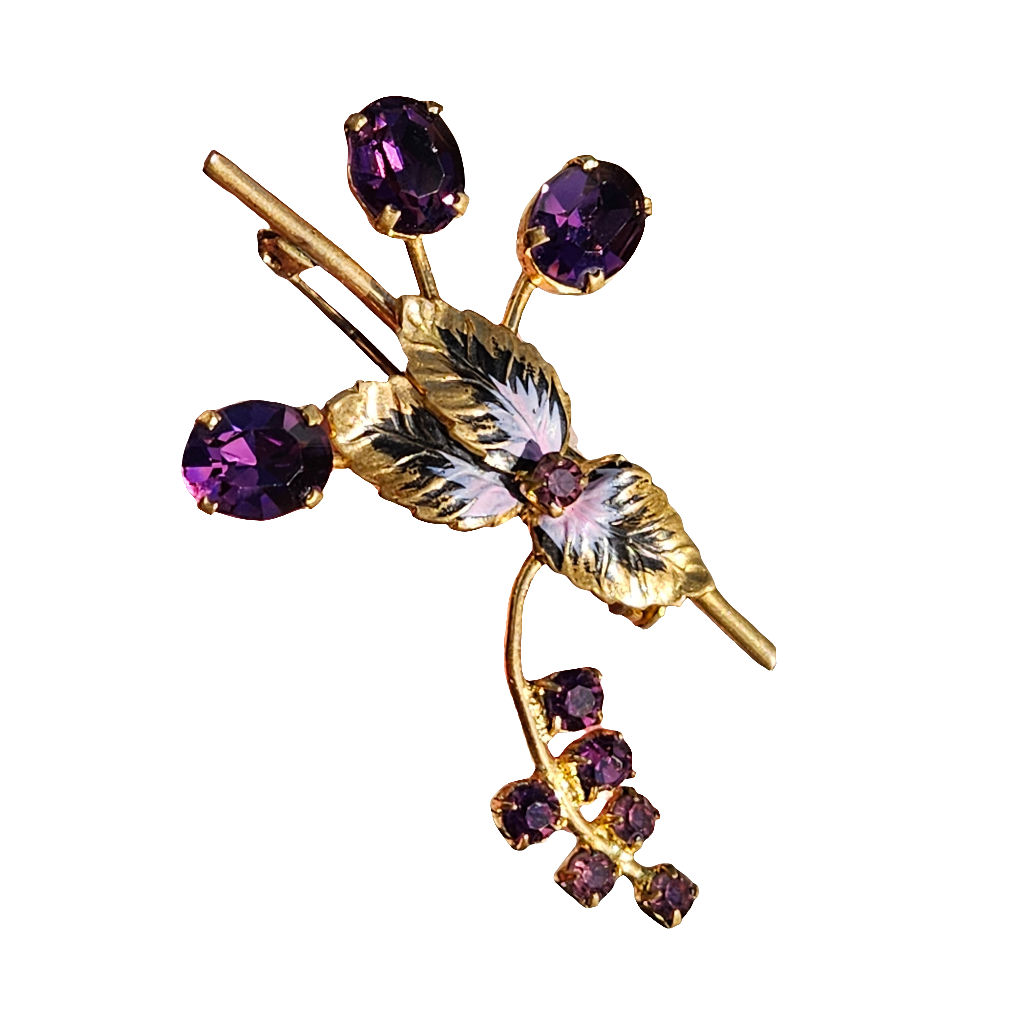Violet Flower Spray Brooch Hand Painted Gold Tone Pin Purple Rhinestone