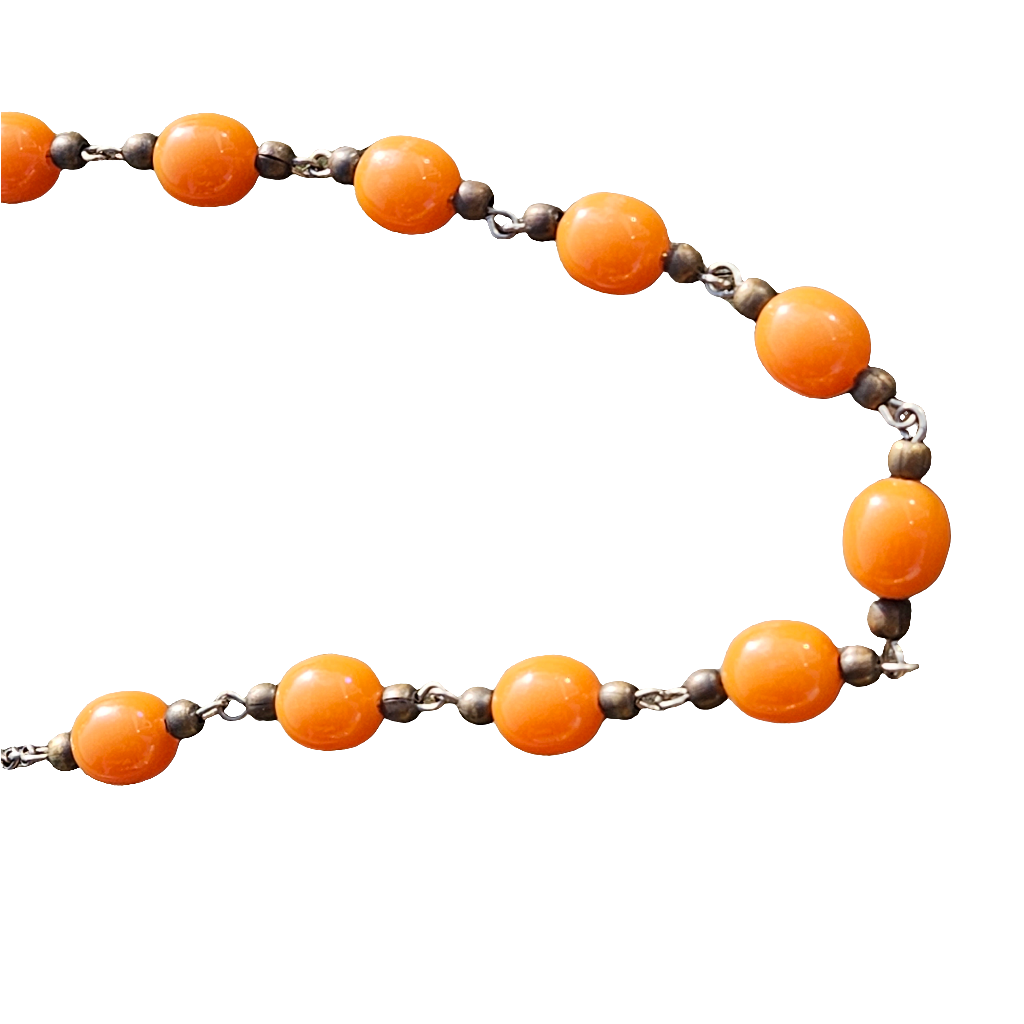 Vibrant Orange And Brass Beaded Necklace Vintage Bead Jewelry