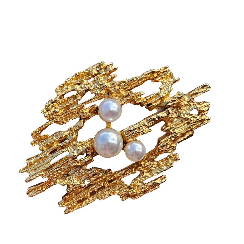Brutalist Gold Tone Vintage Pearl Brooch Designer Jewellery Pin