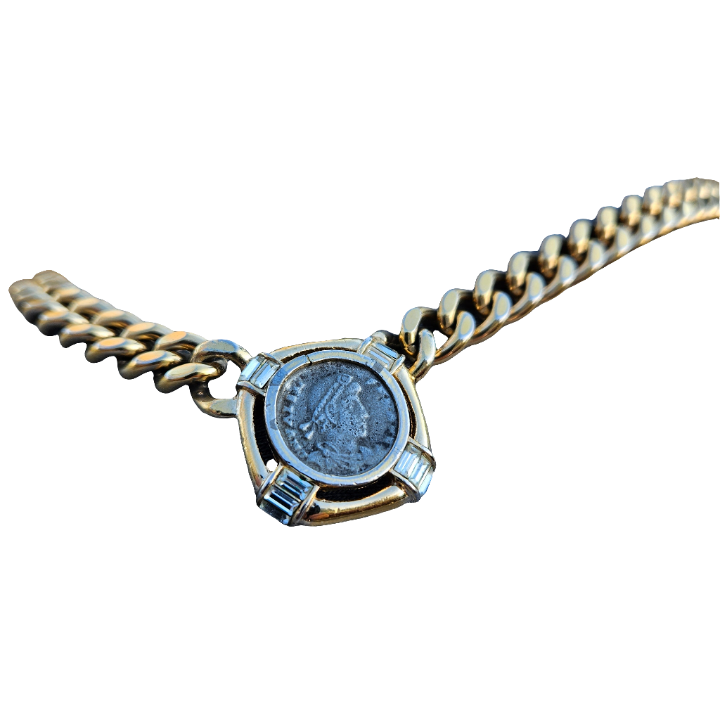 Vintage Ciner Coin Necklace Gold Baguette Cut Rhinestone Pendant Jewellery Jewelry