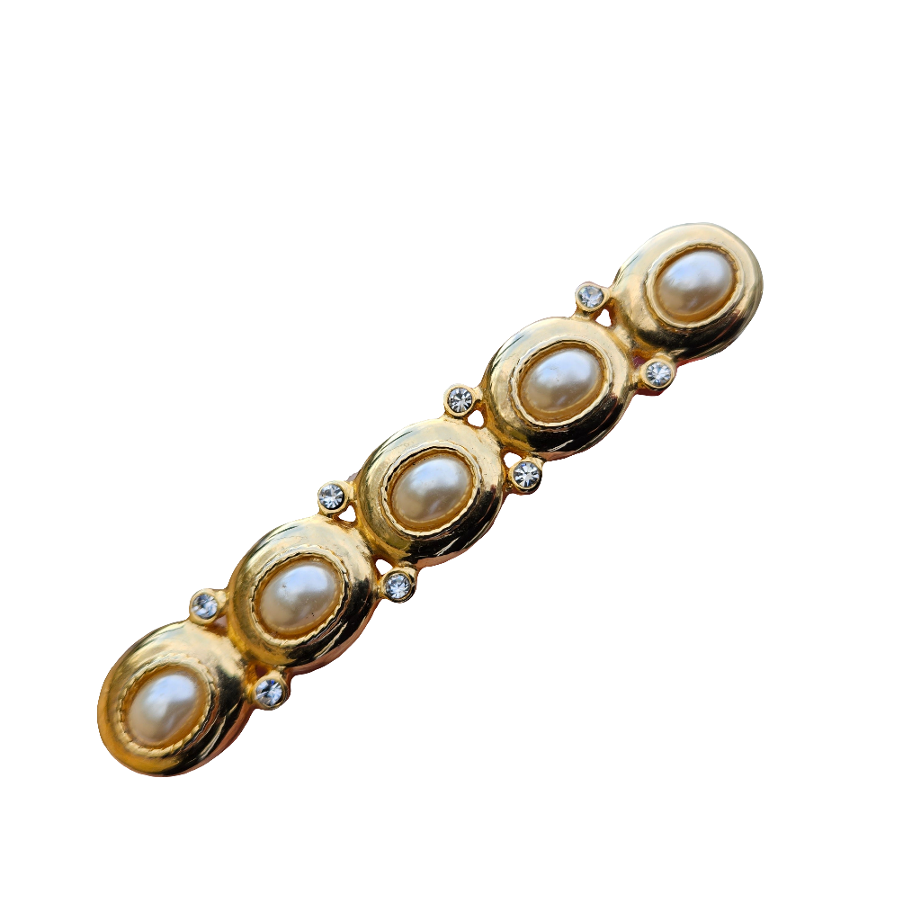 Vintage Givenchy Bar Brooch Gold Pearl Crystal Jewellery Vintage Pin 80s 90s