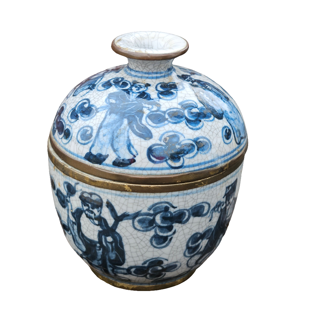 Chinese Blue And White Porcelain Vase Shape Jar Brass Old Trinket Urn
