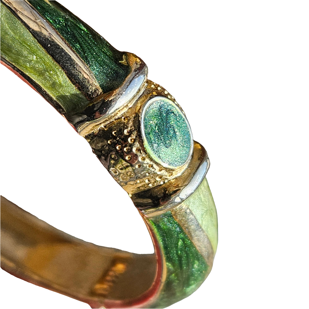 Vintage 90s Enamel Bangle Bamboo Green Gold Stunning Bracelet