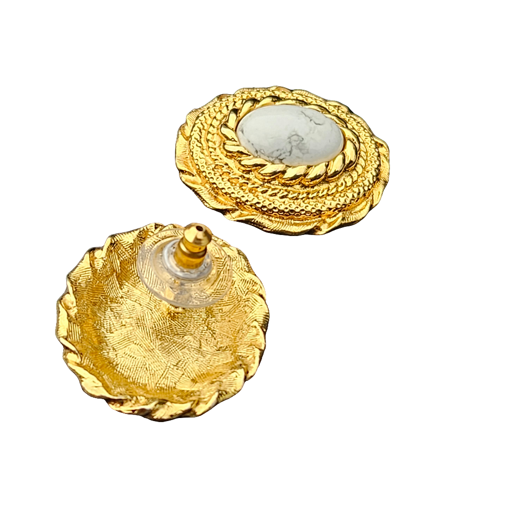 Givenchy Earrings Pierced Gold Marble Stone Cabochon 80s Studs Stylish Jewellery