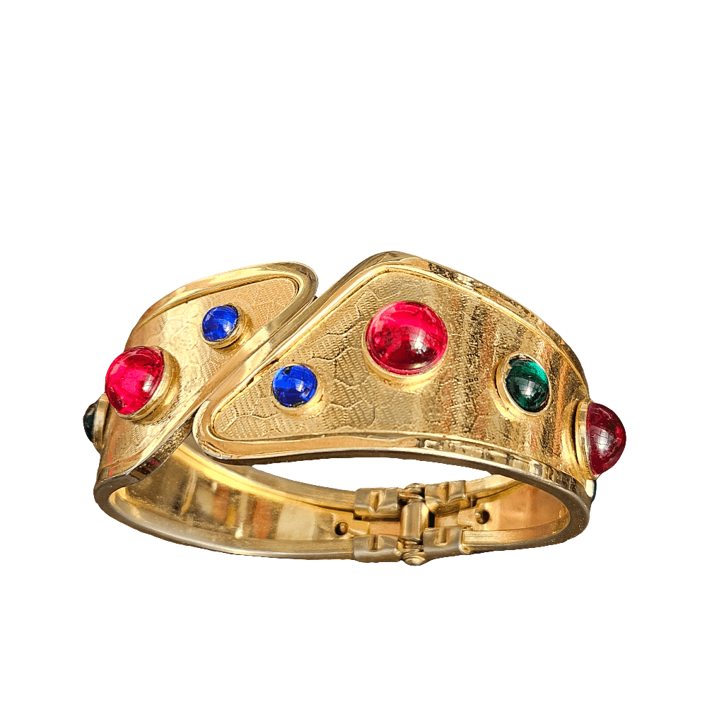 Vintage 80s Glam Hinged Clamper Bangle Red Green Blue Gems Bracelet