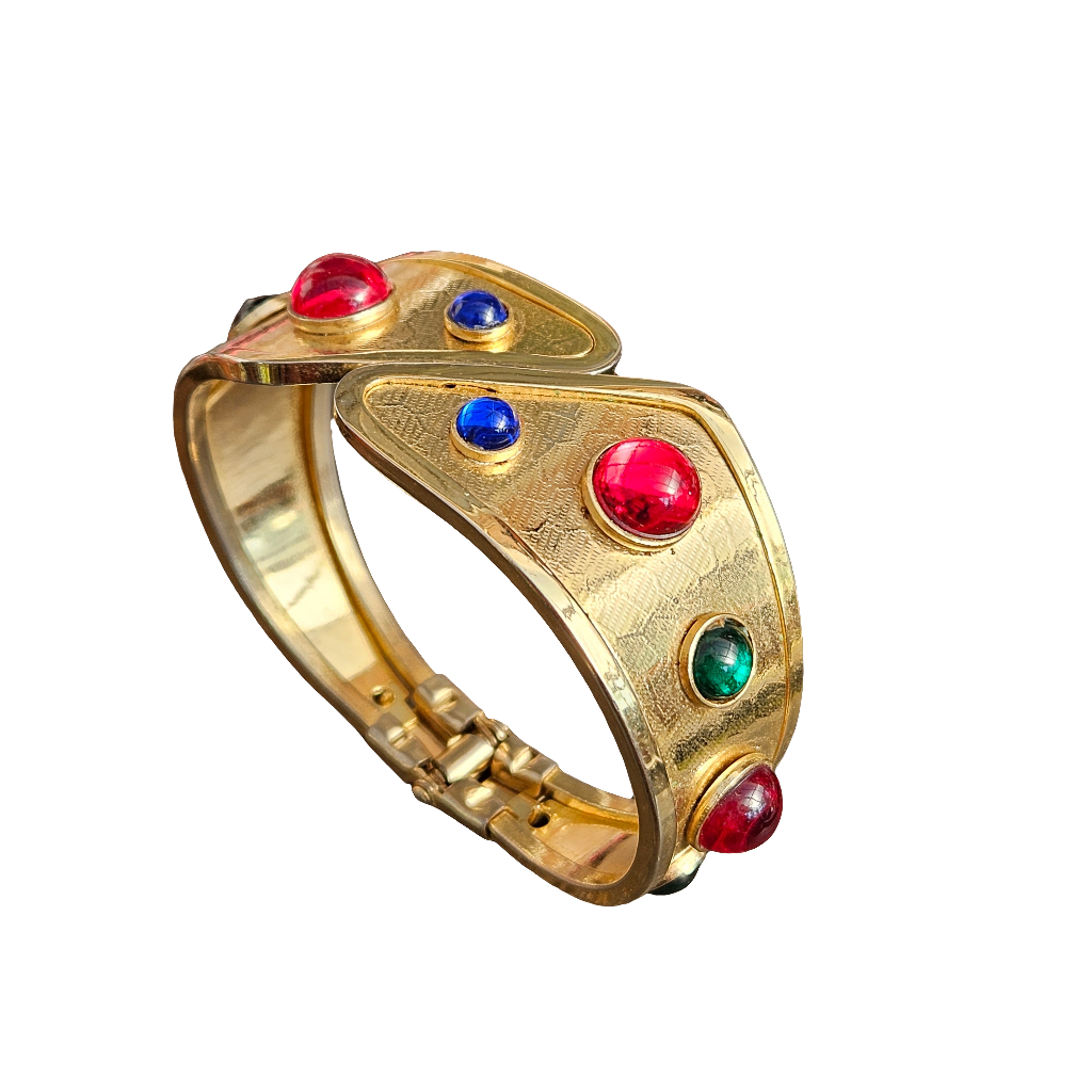 Vintage 80s Glam Hinged Clamper Bangle Red Green Blue Gems Bracelet