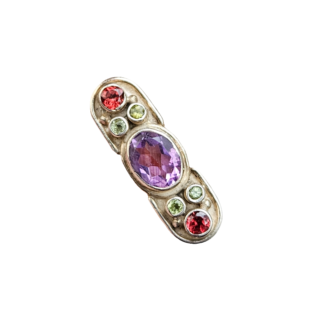 Sterling Silver Radiant Garden Gemstone Brooch Peridot Garnet Amethyst Pin