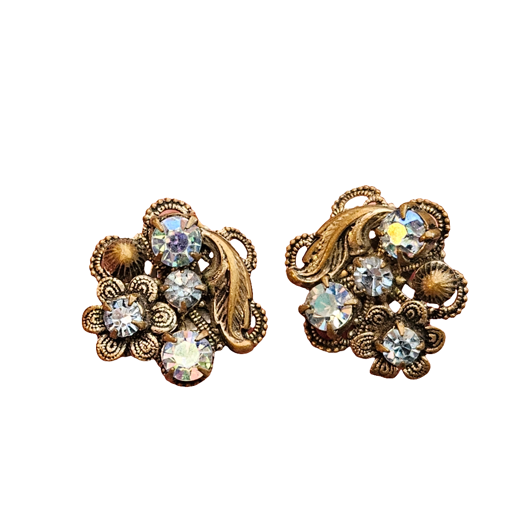 Clip On Earrings Bronze Gold Rhinestone Aurora Borealis Rhinestone Jewellery