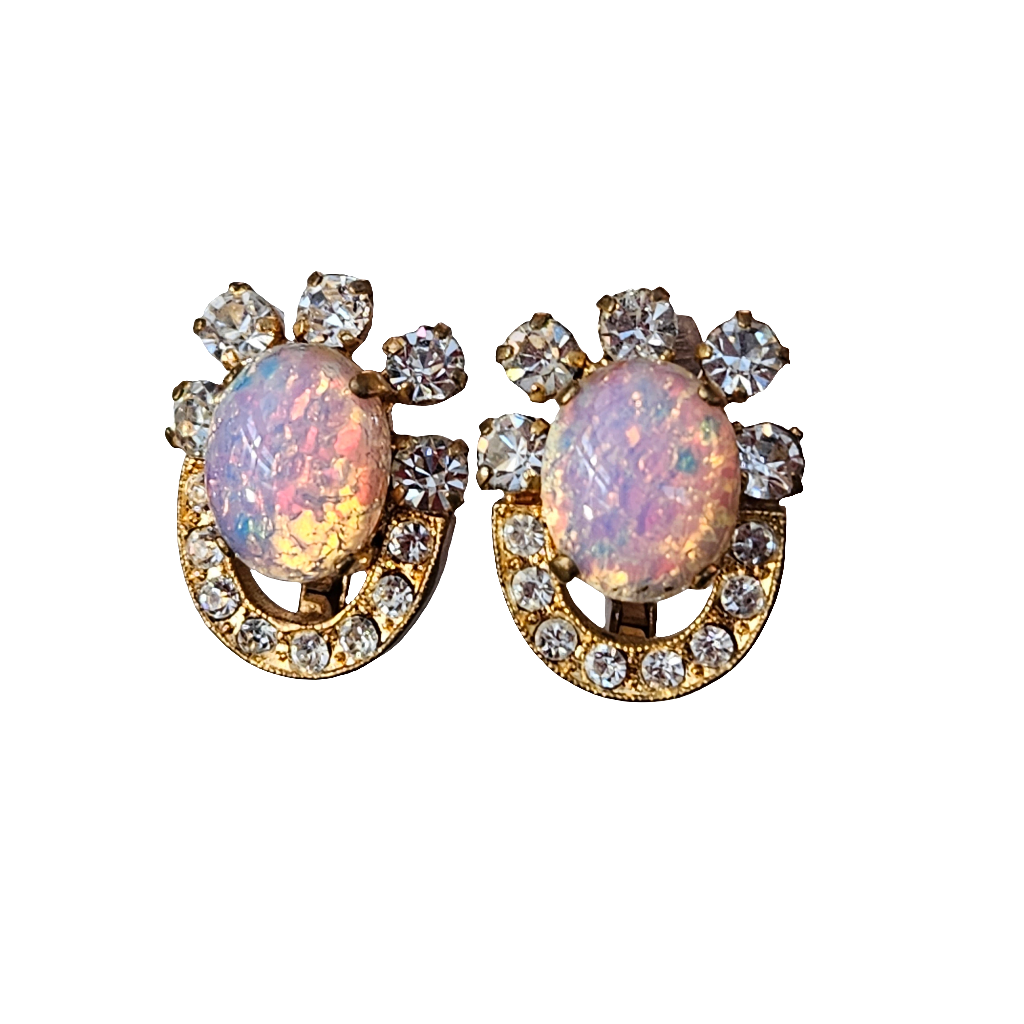 Stunning Clip On Earrings Faux Opal Diamante Gold Plate Dragons Breath