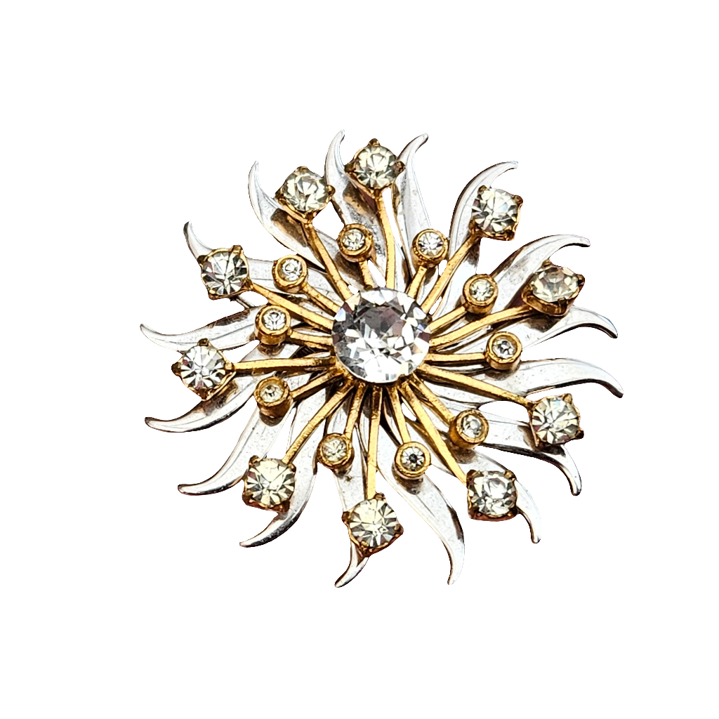 Starburst Pin Gold Silver Sunburst Brooch Vintage Jewellery Jewelry Crystal