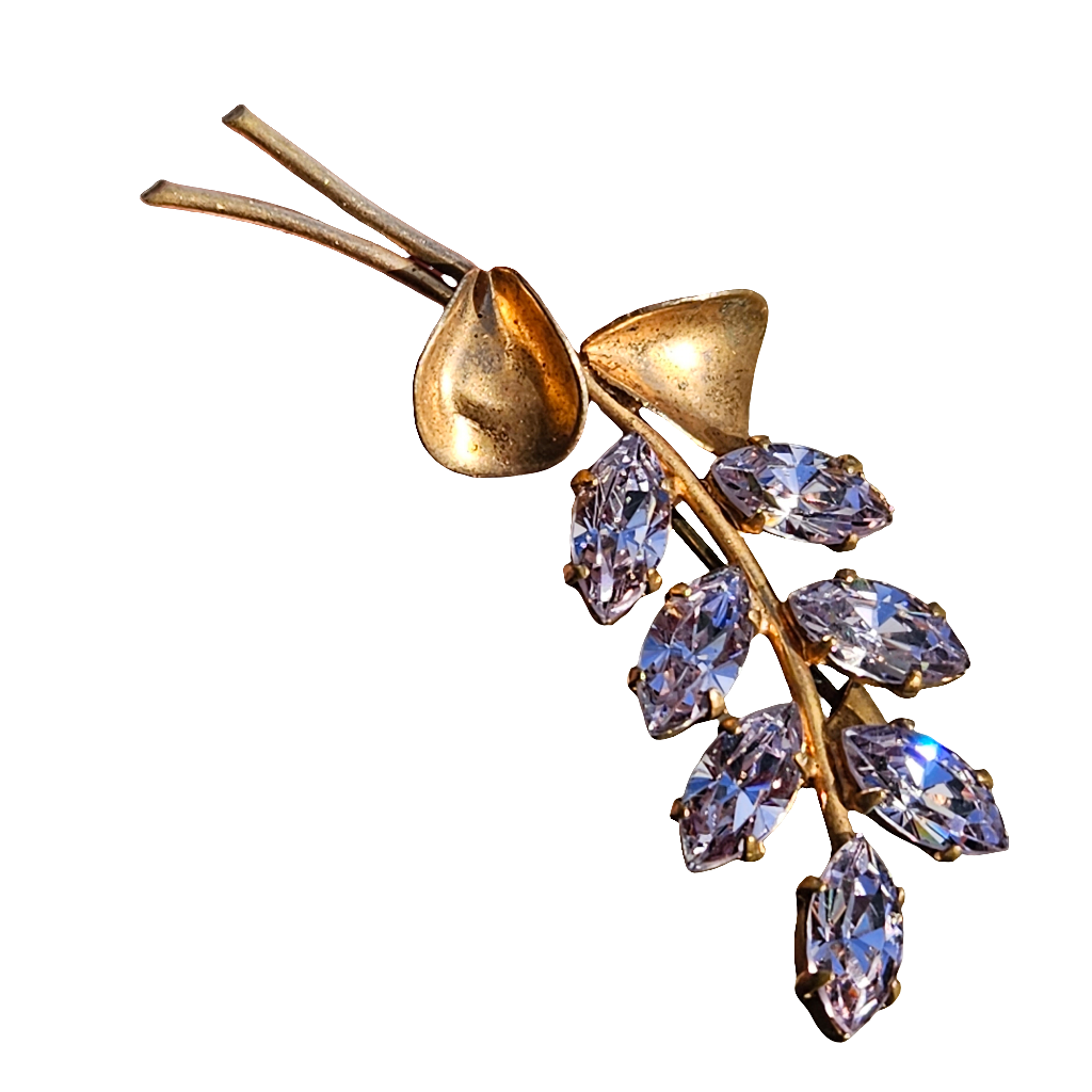 Gold Plated Rhinestone Floral Brooch Lilac Crystal Flower Pin Vintage