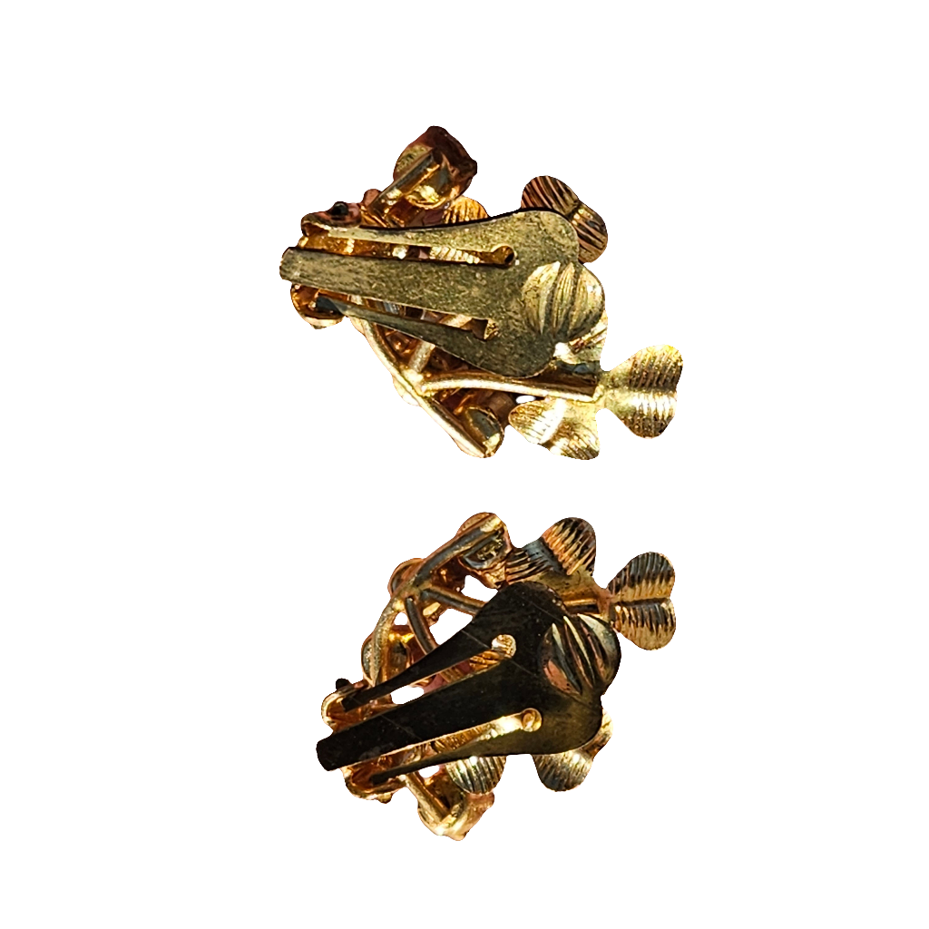 Rhinestone Green Gold Enamel Lucky Clover Clip On Earrings Vintage Jewellery
