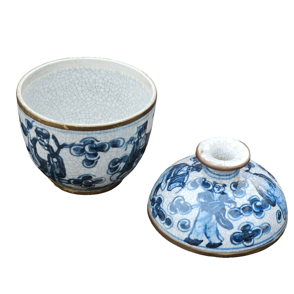 Chinese Blue And White Porcelain Vase Shape Jar Brass Old Trinket Urn
