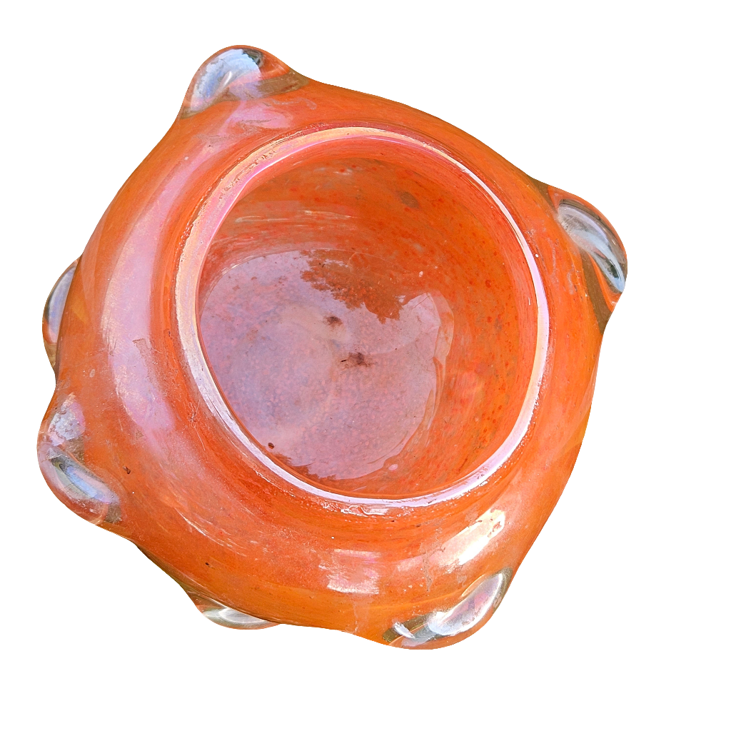 Heavy Blown Glass Vase Orange Speckle Iridescent Murano Art Glass