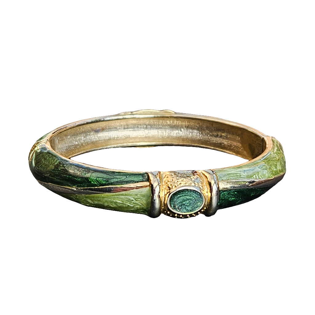 Vintage 90s Enamel Bangle Bamboo Green Gold Stunning Bracelet