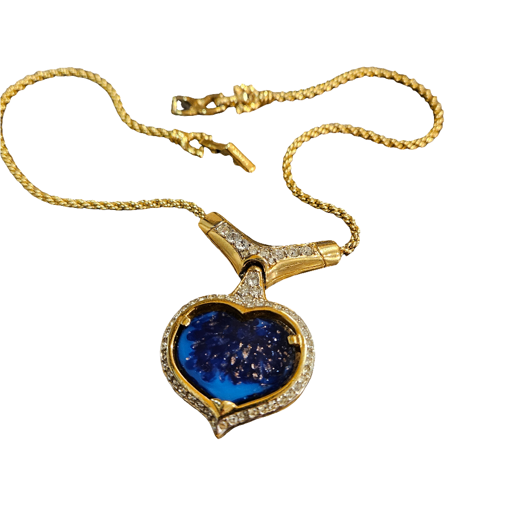 Vintage Nina Ricci Gold Necklace Blue Heart Glass Crystal 90s Jewellery Jewelry