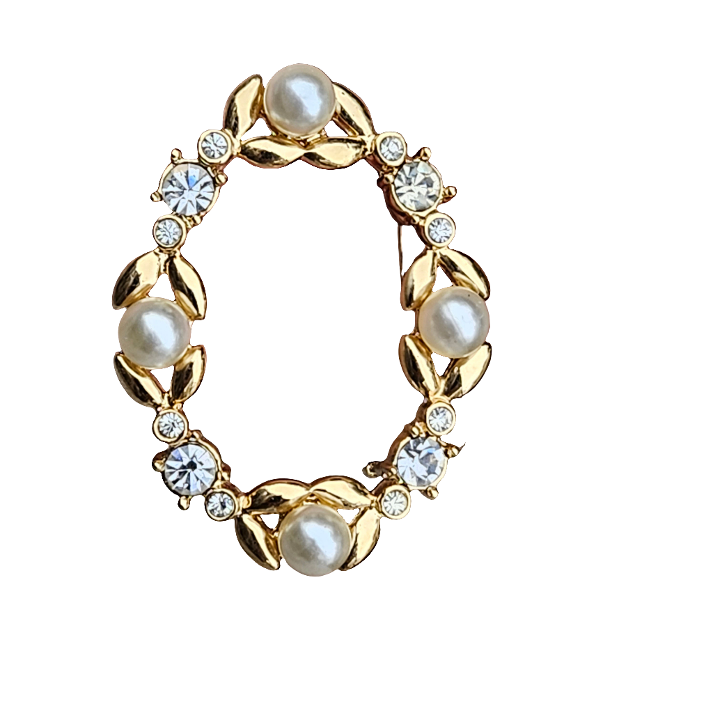 Pretty Oval Pearl Brooch Gold Diamante 90s Stylish Jewellery Pin Crystal