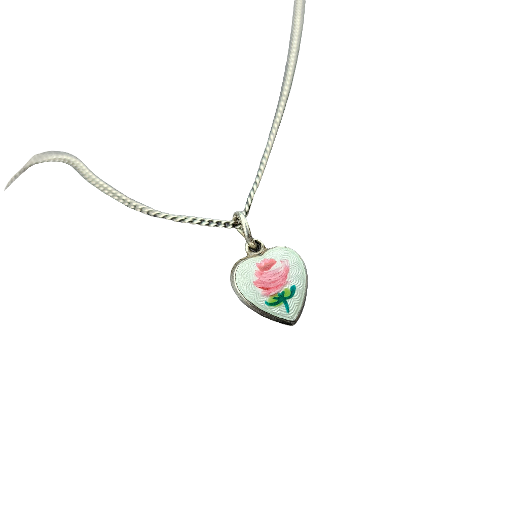 Hand Painted Sterling Silver Rose Necklace Heart Pendant Jewellery Cute Gift Teen Kids
