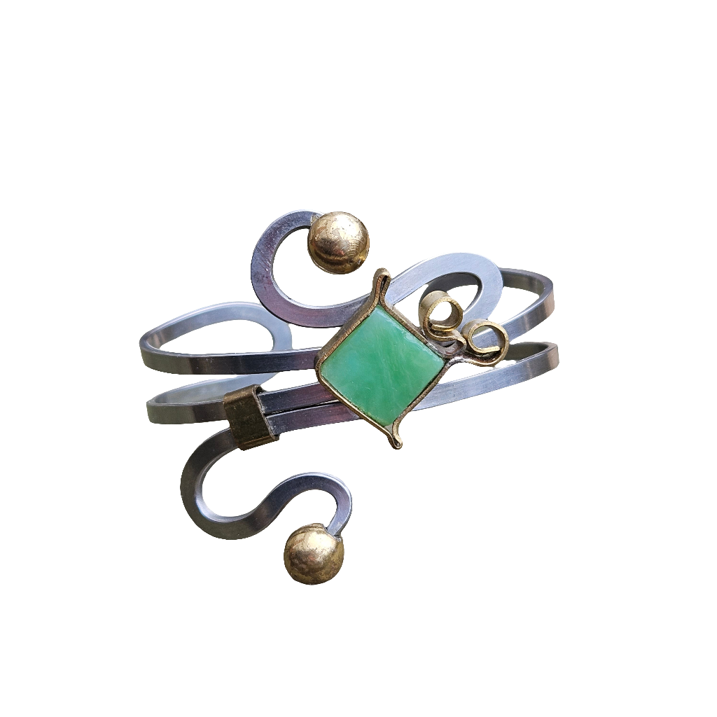 Vintage Brass And Steel Bangle Square Green Glass Boho Bracelet Jewellery