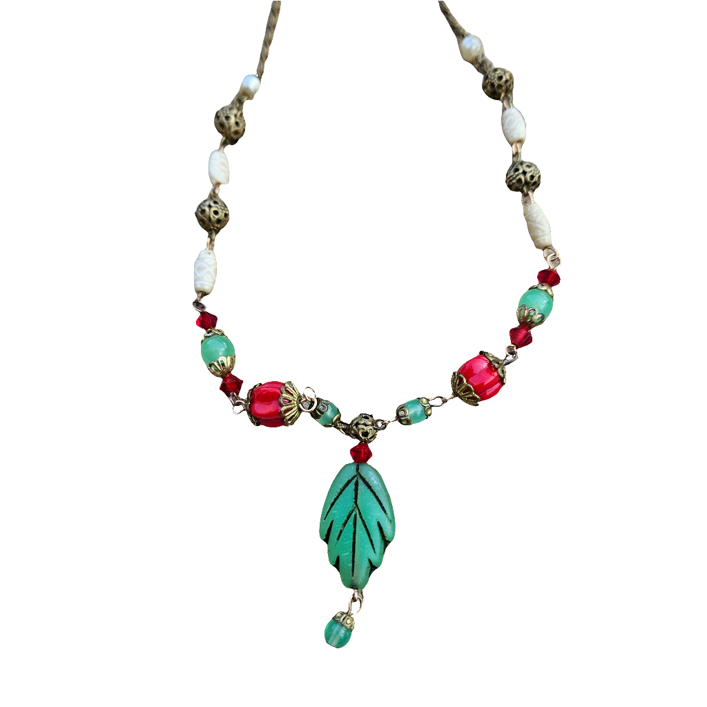 Glass Necklace Brass Link Chain Miriam Haskell Leaf Jewellery Jewelry