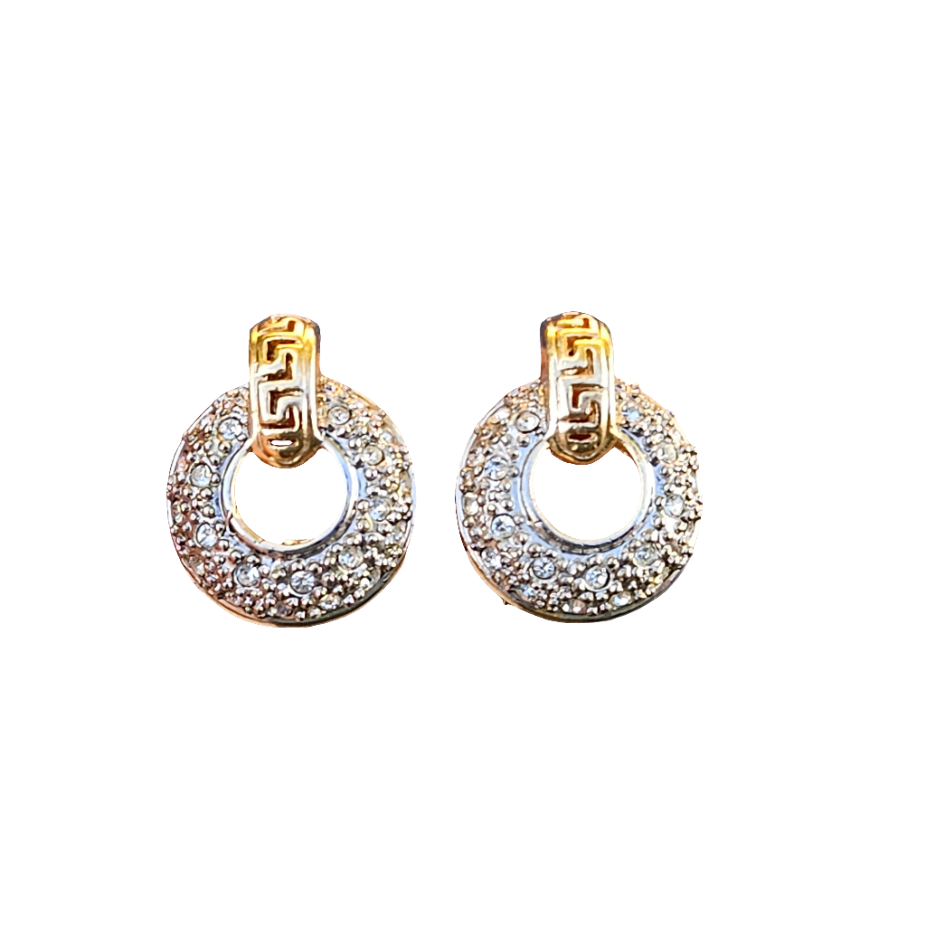 Vintage Earrings Crystal Greek Key Gold Pierced Studs Stylish High End