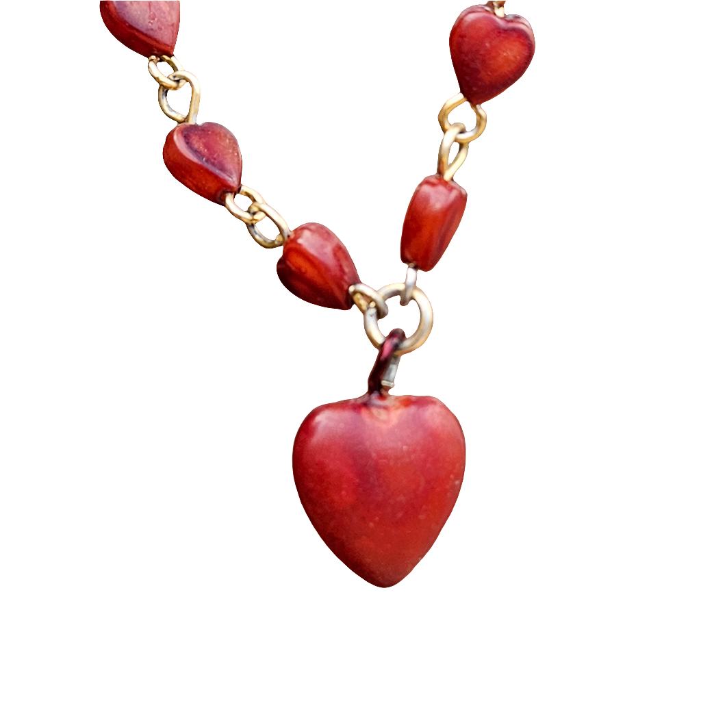 Vintage Early Plastic Red Heart Necklace Cute Kitsch Jewellery Celluloid