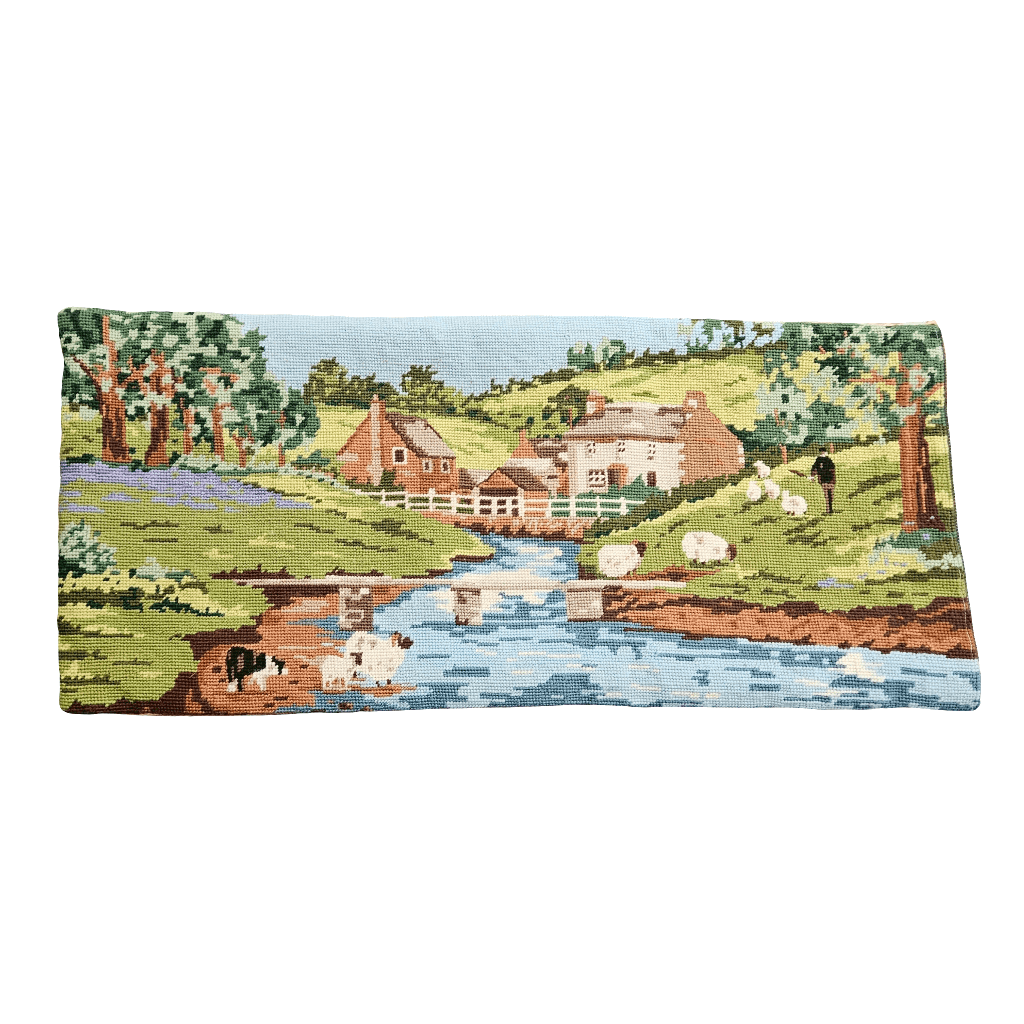 Large Vintage Needlepoint Cushion Cover Country Scene Tapestry Pillow Slip